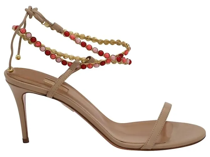 Aquazzura Livia 75 Sandalias con pedrería en piel beige 