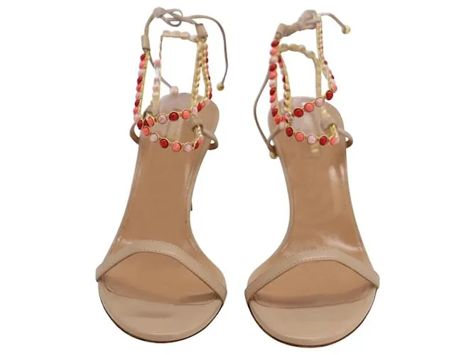 Aquazzura Livia 75 Sandalias con pedrería en piel beige 