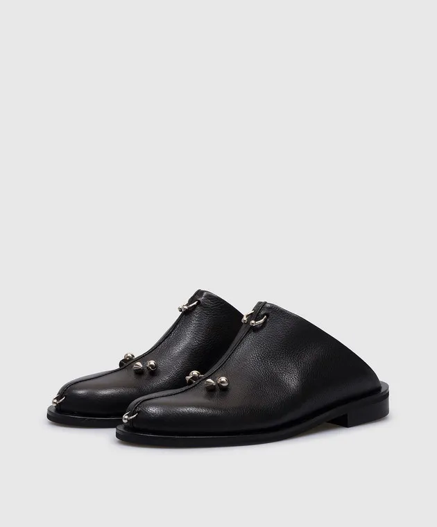 Babe Pay Pls Black leather mules with metal piercings