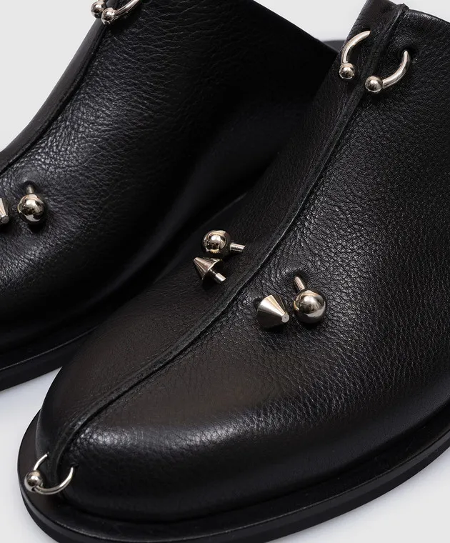 Babe Pay Pls Black leather mules with metal piercings