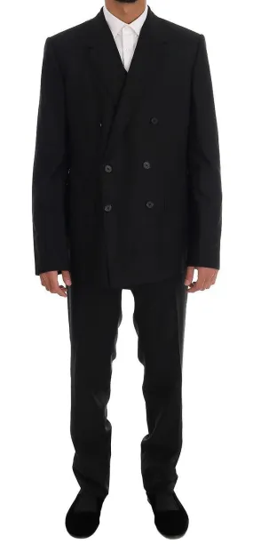 Black wool double breasted slim fit suit