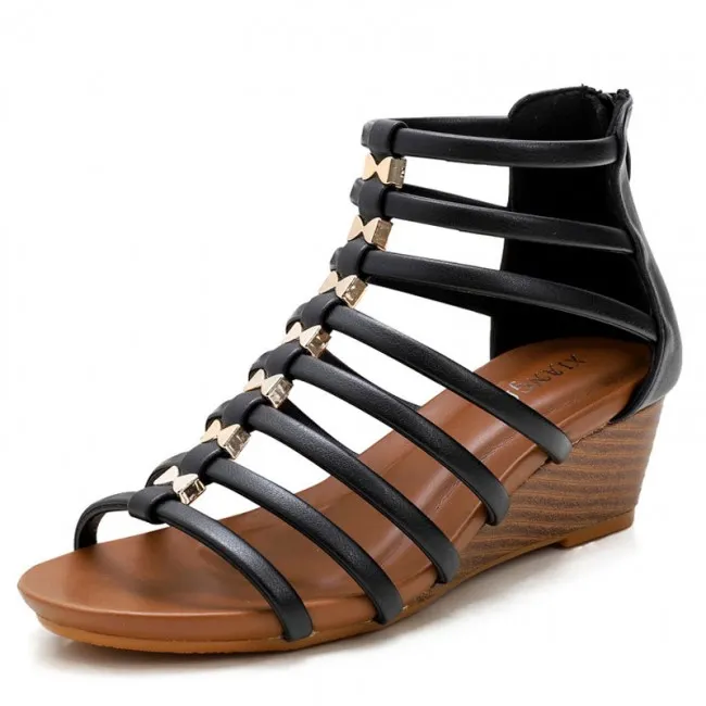 Bohemia Line Striped Hollow Ankle Walking Strap Thick Sole Sandals Comfort T-Strap Open Toe Dressy Summer Beach Shoes Gladiator 