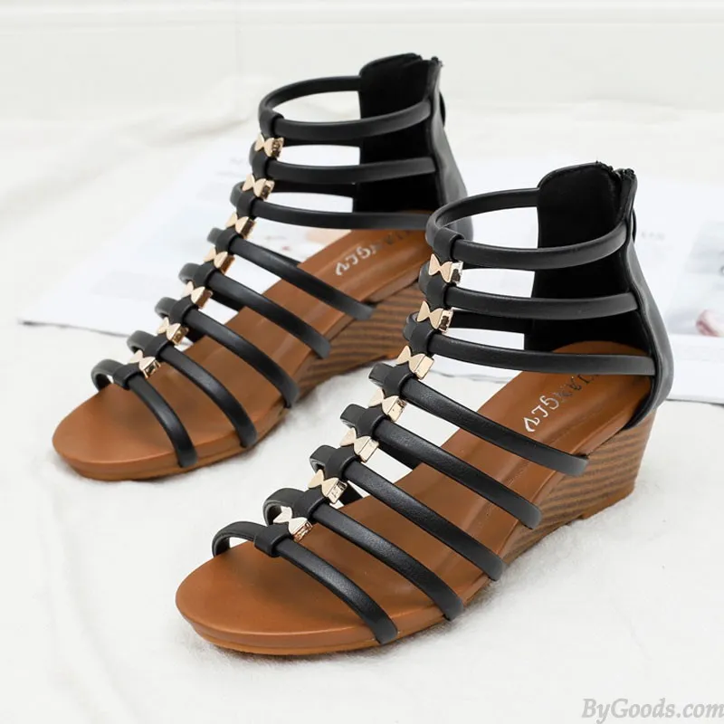 Bohemia Line Striped Hollow Ankle Walking Strap Thick Sole Sandals Comfort T-Strap Open Toe Dressy Summer Beach Shoes Gladiator 