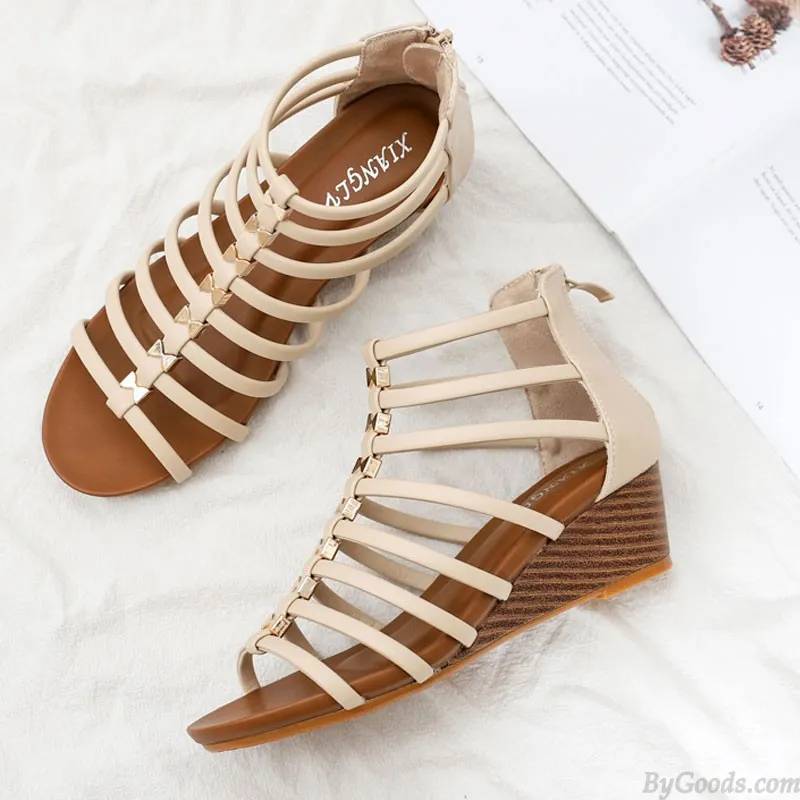 Bohemia Line Striped Hollow Ankle Walking Strap Thick Sole Sandals Comfort T-Strap Open Toe Dressy Summer Beach Shoes Gladiator 