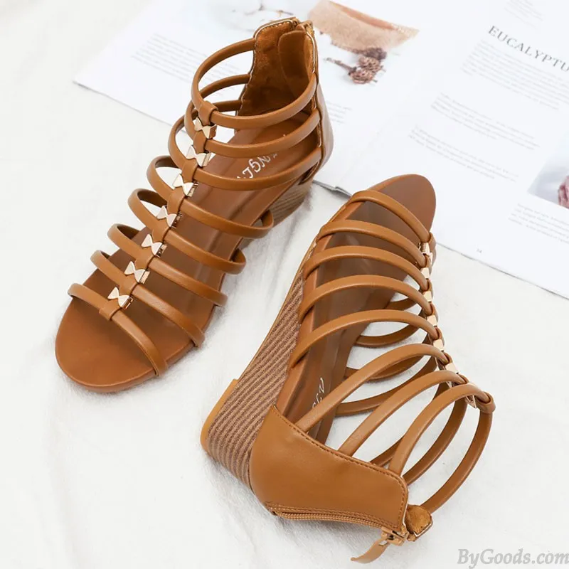 Bohemia Line Striped Hollow Ankle Walking Strap Thick Sole Sandals Comfort T-Strap Open Toe Dressy Summer Beach Shoes Gladiator 