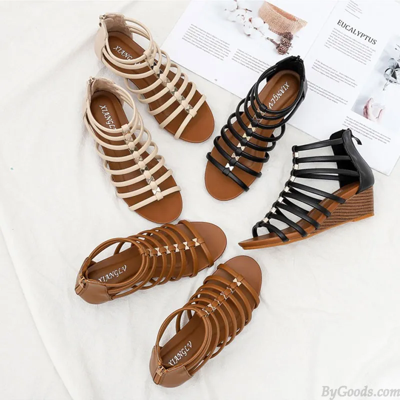 Bohemia Line Striped Hollow Ankle Walking Strap Thick Sole Sandals Comfort T-Strap Open Toe Dressy Summer Beach Shoes Gladiator 