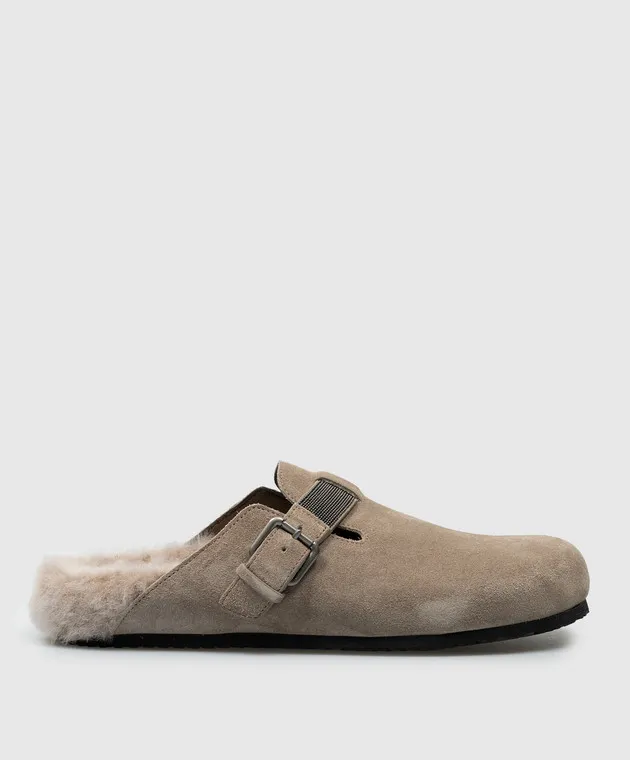 Brunello Cucinelli Beige suede mules on fur with monil chain