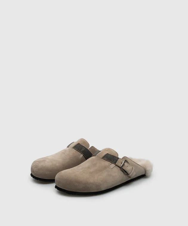 Brunello Cucinelli Beige suede mules on fur with monil chain