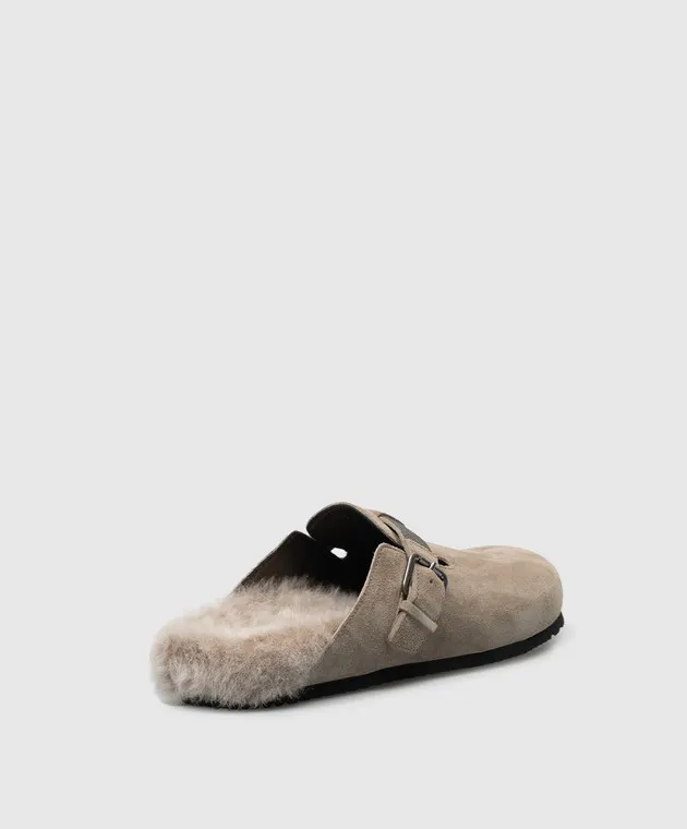 Brunello Cucinelli Beige suede mules on fur with monil chain