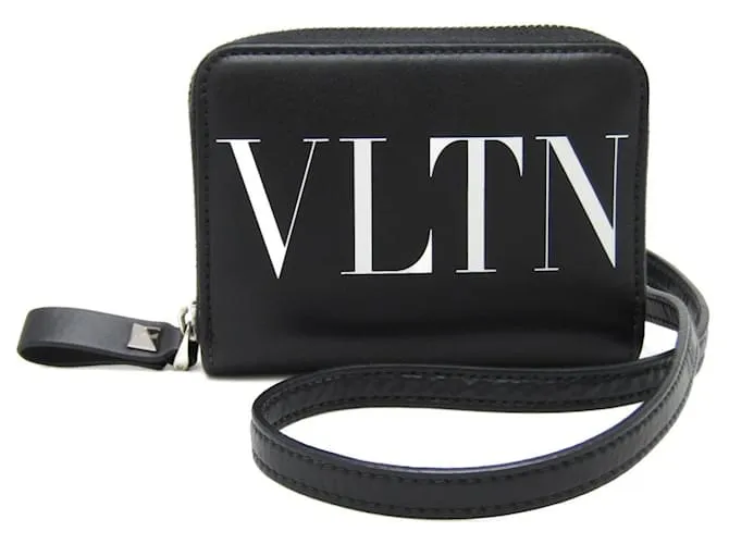 Funda de cuero para tarjetas Valentino Garavani con correa para el cuello Negro Blanco 