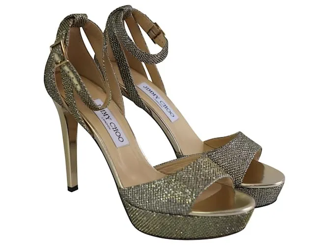 Jimmy Choo Kayden Platform Sandalias con correa en el tobillo en brillo dorado 