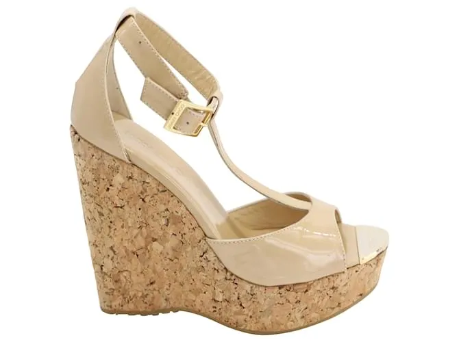 Jimmy Choo Pelá 121 Cuña de corcho peep-toe con correa en T en charol nude Carne 