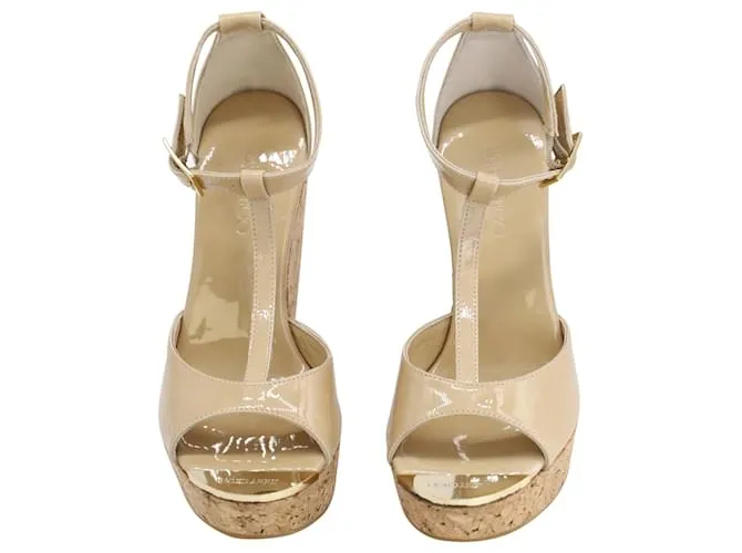 Jimmy Choo Pelá 121 Cuña de corcho peep-toe con correa en T en charol nude Carne 