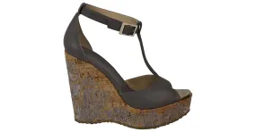 Jimmy Choo Sandalias con correa de tobillo con cuña de corcho bordado floral en cuero gris 