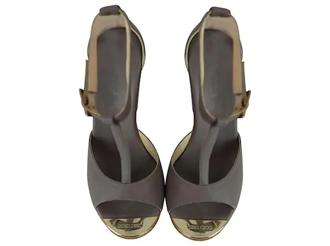 Jimmy Choo Sandalias con correa de tobillo con cuña de corcho bordado floral en cuero gris 