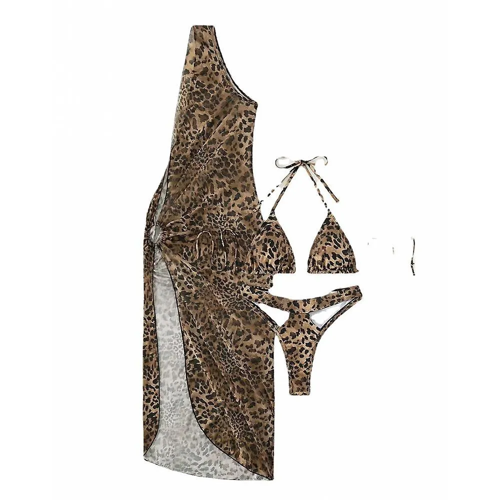 Leopard Bikini, One-shoulder Long Yarn, Three-piece Swimming Suit, Strapping Neck Underwear, Hollow Underwear (L)