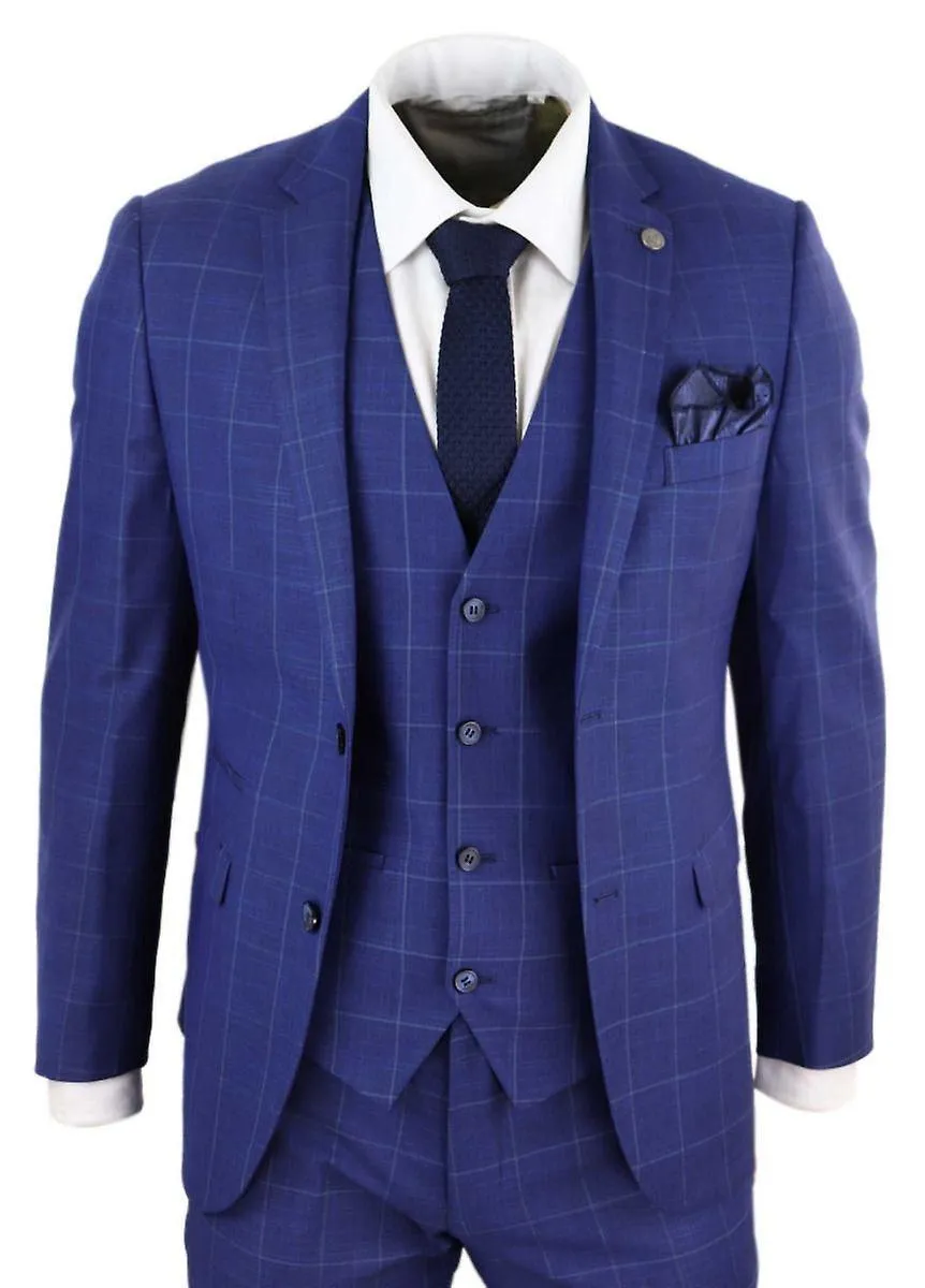 Mens 3 Piece Royal Blue Check Vintage Retro Suit