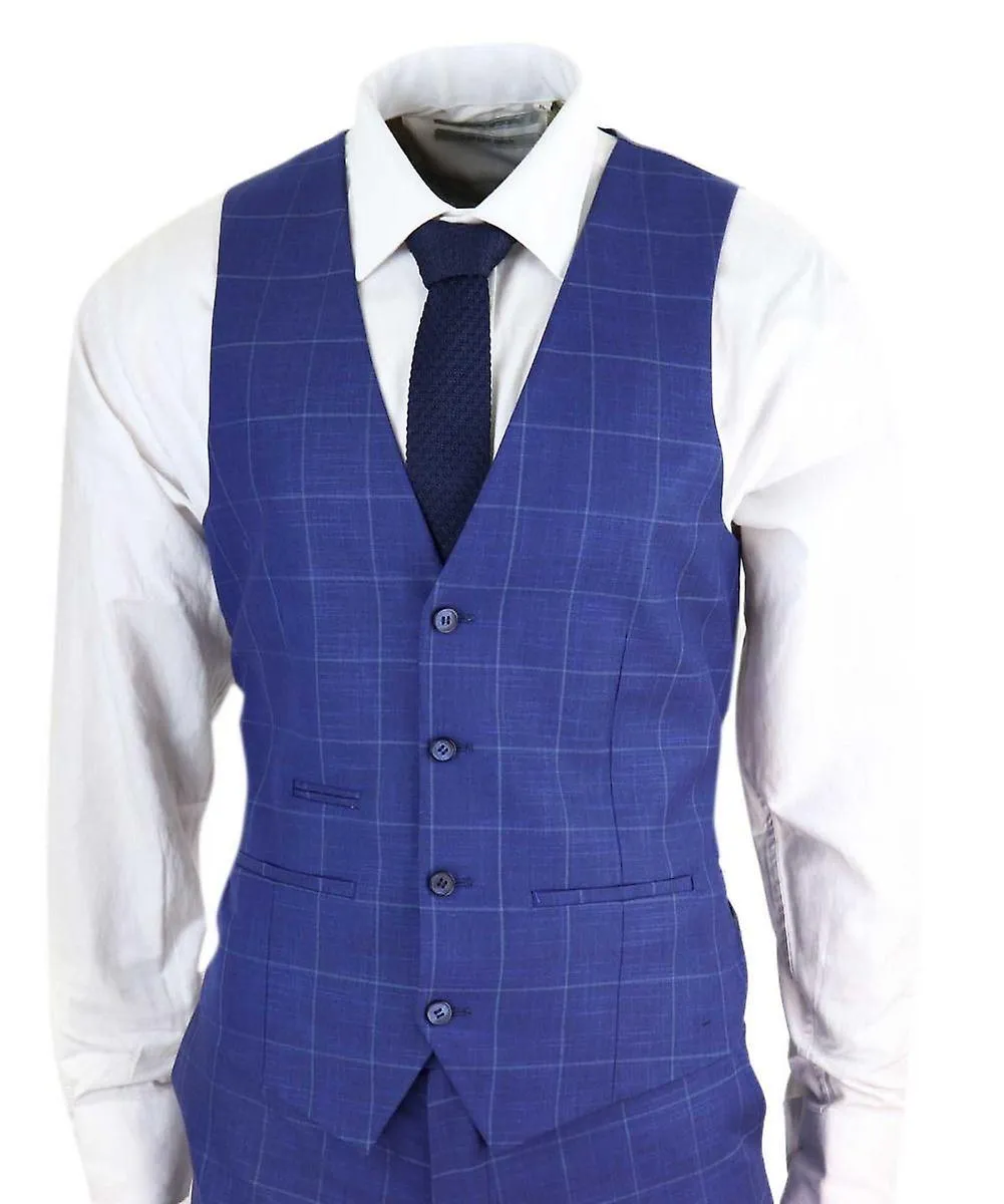 Mens 3 Piece Royal Blue Check Vintage Retro Suit