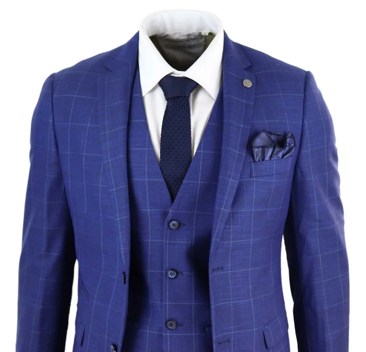 Mens 3 Piece Royal Blue Check Vintage Retro Suit