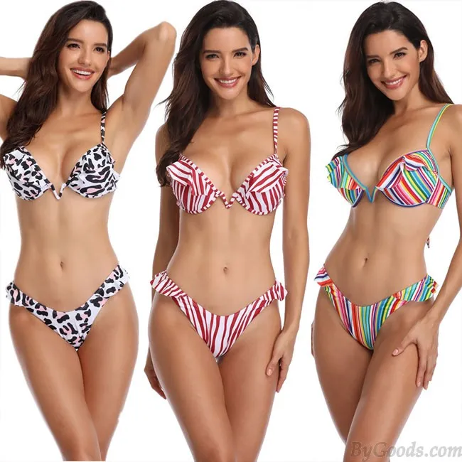 New Ruffle Stripe Colorful Leopard Swimsuit Sling Women Summer Bikinis