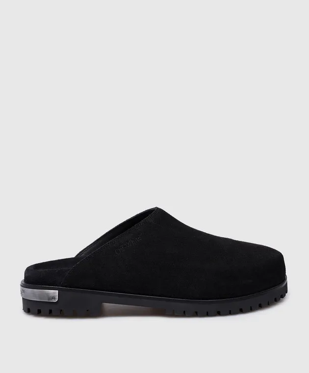 Off-White Black suede mules with metallic logo