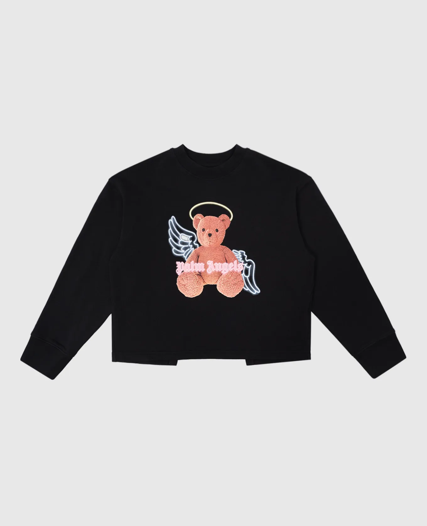 Palm Angels Children's black sweatshirt with a print and a cut at the back