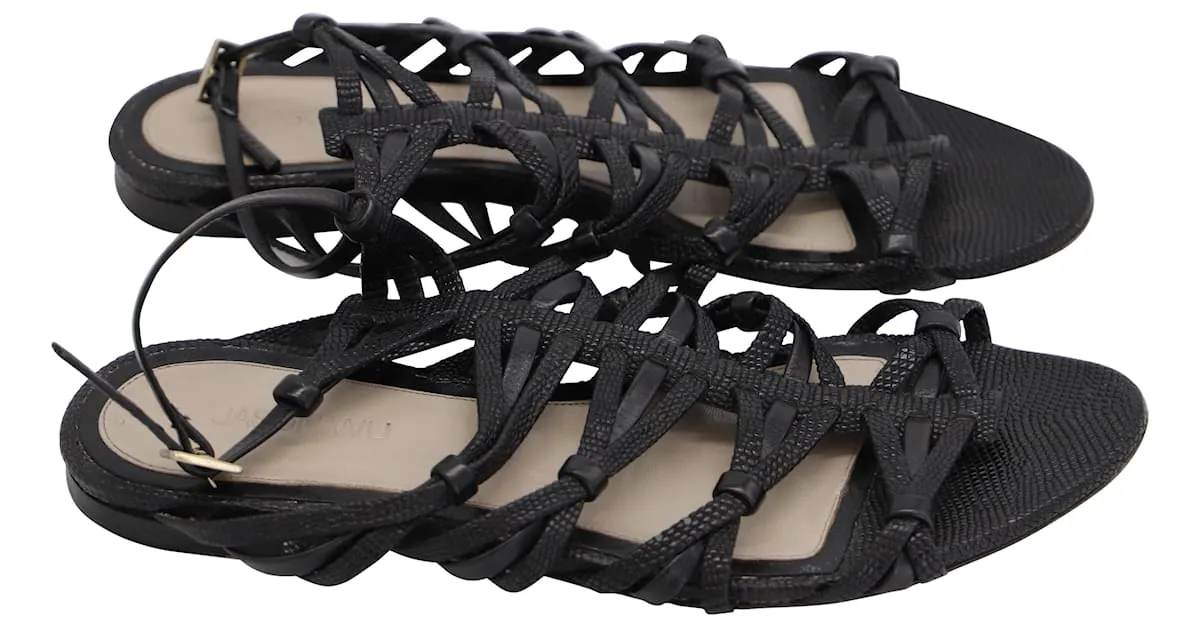 Sandalias de tiras con relieve de serpiente Jason Wu en piel de cordero negra Negro 