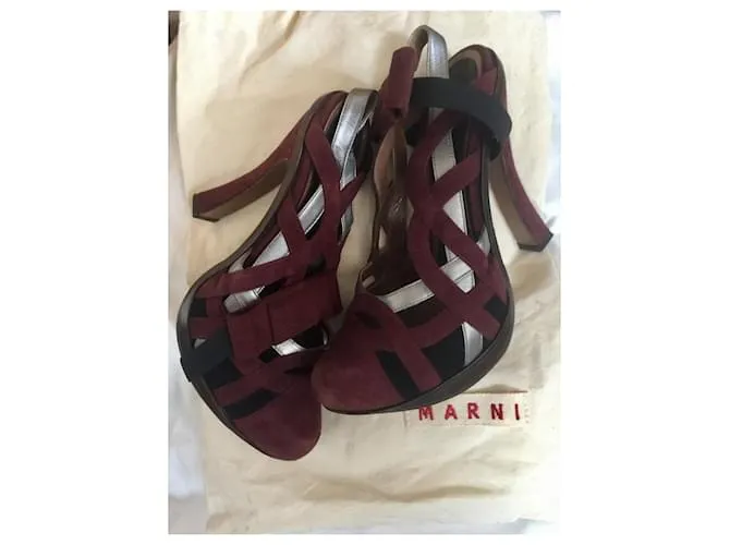 Sandalias tejidas de ante y piel Marni Negro Plata Burdeos Púrpura 