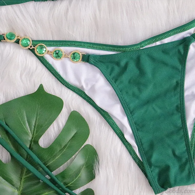 Sexy Green Diamond Crystal Deep V Bathing Suit Beach Summer Strap Halter Womens Bikinis Vacation 2 Piece Swimsuits 