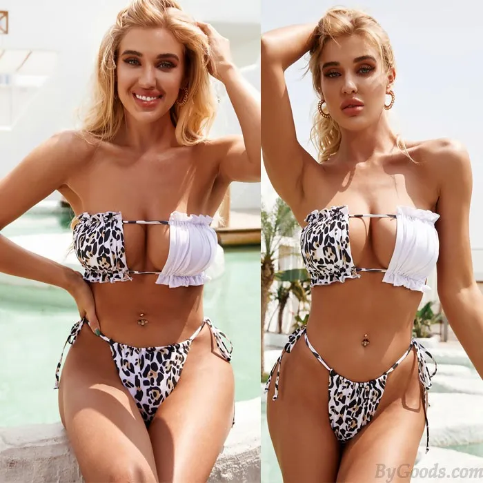 Sexy Irregular Leopard Splicing Pleated Hollow Summer Swimsuit Bikinis