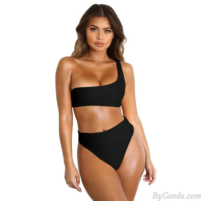 Sexy Pure Color Swimsuit  Single Shoulder High Waist Women Summer Bikinis