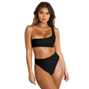 Sexy Pure Color Swimsuit  Single Shoulder High Waist Women Summer Bikinis