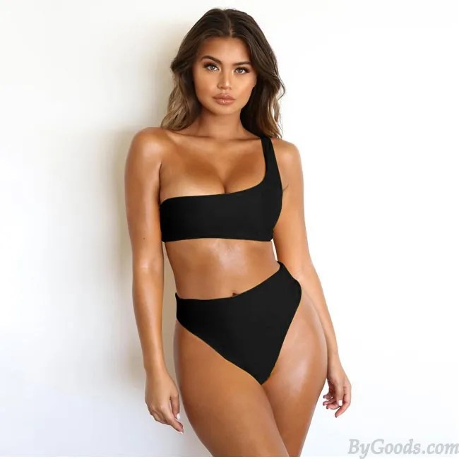 Sexy Pure Color Swimsuit  Single Shoulder High Waist Women Summer Bikinis