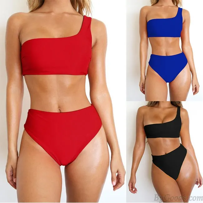 Sexy Pure Color Swimsuit  Single Shoulder High Waist Women Summer Bikinis