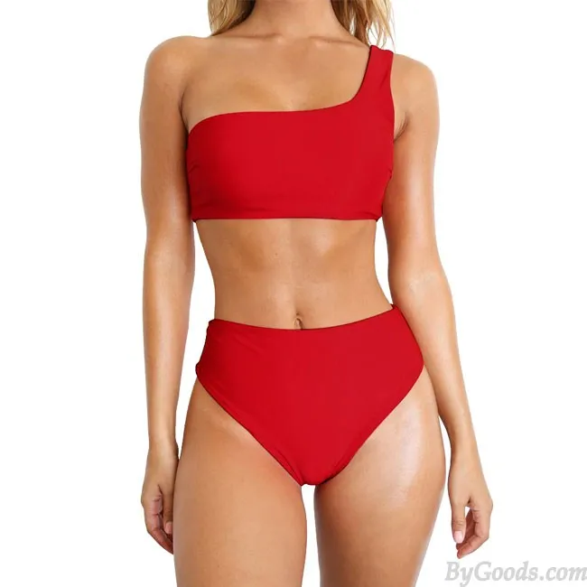 Sexy Pure Color Swimsuit  Single Shoulder High Waist Women Summer Bikinis