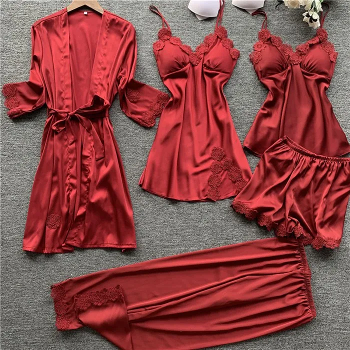 Sexy Silk Sling Nightgown Chemise Five-Piece Suit Ladies Nightgown Lace Spring Autumn Thin Shorts Female Pajamas