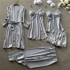 Sexy Silk Sling Nightgown Chemise Five-Piece Suit Ladies Nightgown Lace Spring Autumn Thin Shorts Female Pajamas