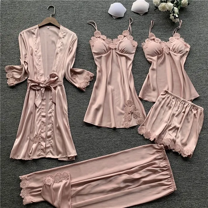 Sexy Silk Sling Nightgown Chemise Five-Piece Suit Ladies Nightgown Lace Spring Autumn Thin Shorts Female Pajamas