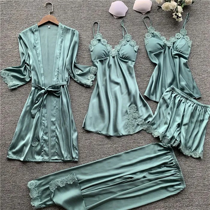 Sexy Silk Sling Nightgown Chemise Five-Piece Suit Ladies Nightgown Lace Spring Autumn Thin Shorts Female Pajamas