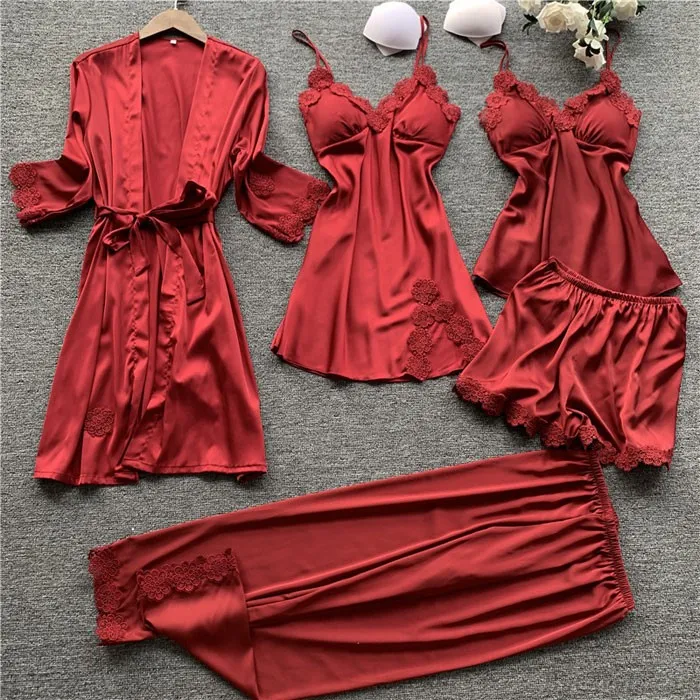 Sexy Silk Sling Nightgown Chemise Five-Piece Suit Ladies Nightgown Lace Spring Autumn Thin Shorts Female Pajamas