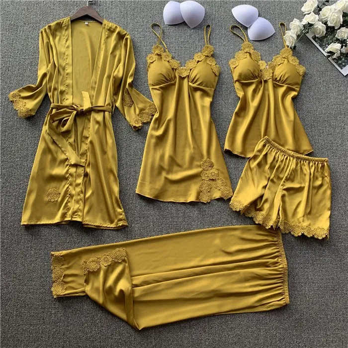 Sexy Silk Sling Nightgown Chemise Five-Piece Suit Ladies Nightgown Lace Spring Autumn Thin Shorts Female Pajamas