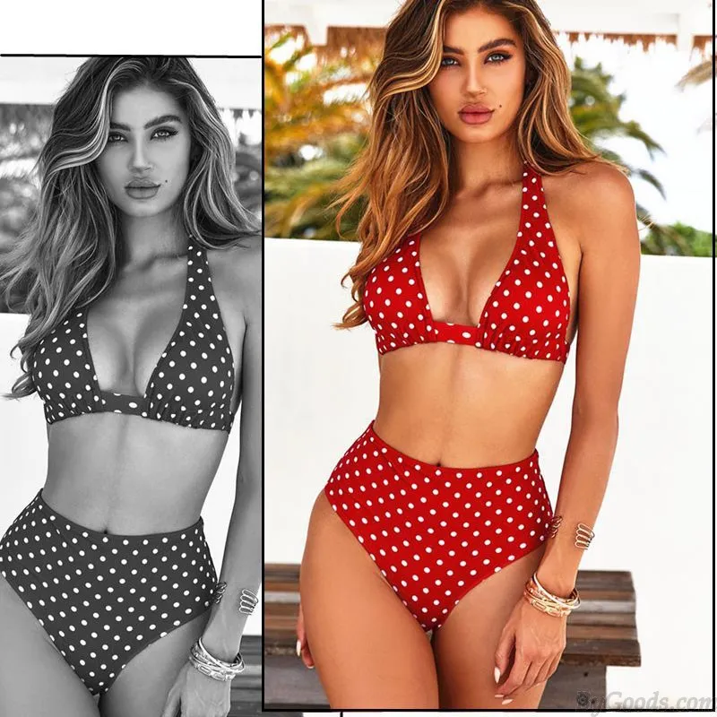 Sexy Sling Summer Swimsuit Flower Dot Banana Leaves High Waist Bikinis