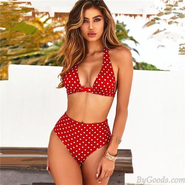 Sexy Sling Summer Swimsuit Flower Dot Banana Leaves High Waist Bikinis