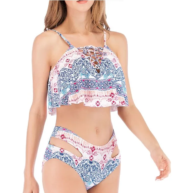 Sexy Weave High Waist Swimsuit Ruffle Printed Summer Bikinis