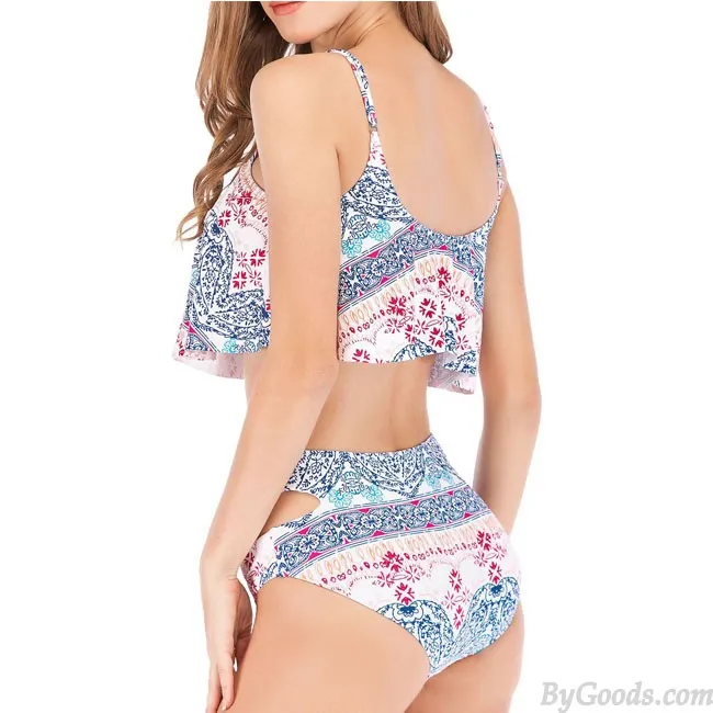 Sexy Weave High Waist Swimsuit Ruffle Printed Summer Bikinis