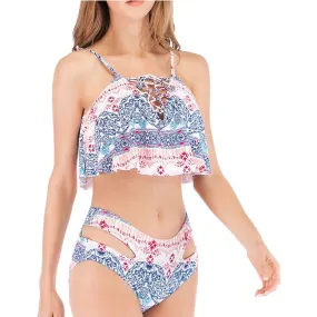 Sexy Weave High Waist Swimsuit Ruffle Printed Summer Bikinis