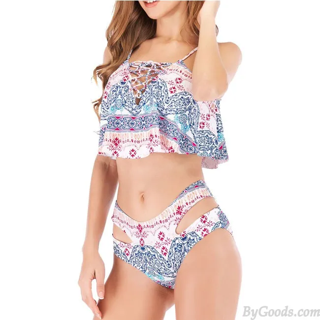 Sexy Weave High Waist Swimsuit Ruffle Printed Summer Bikinis