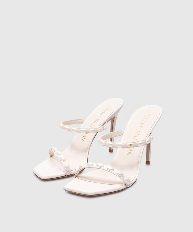 Stuart Weitzman ALEENA PEARLITA white leather mules with beads