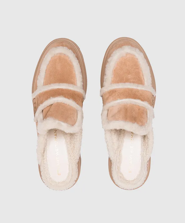 Stuart Weitzman LENNOX beige suede mules with logo fur