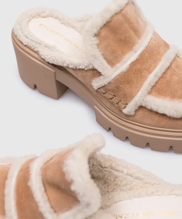 Stuart Weitzman LENNOX beige suede mules with logo fur